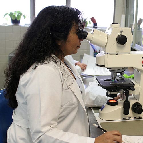 Researcher in a white lab coat looking into a microscope in a laboratory