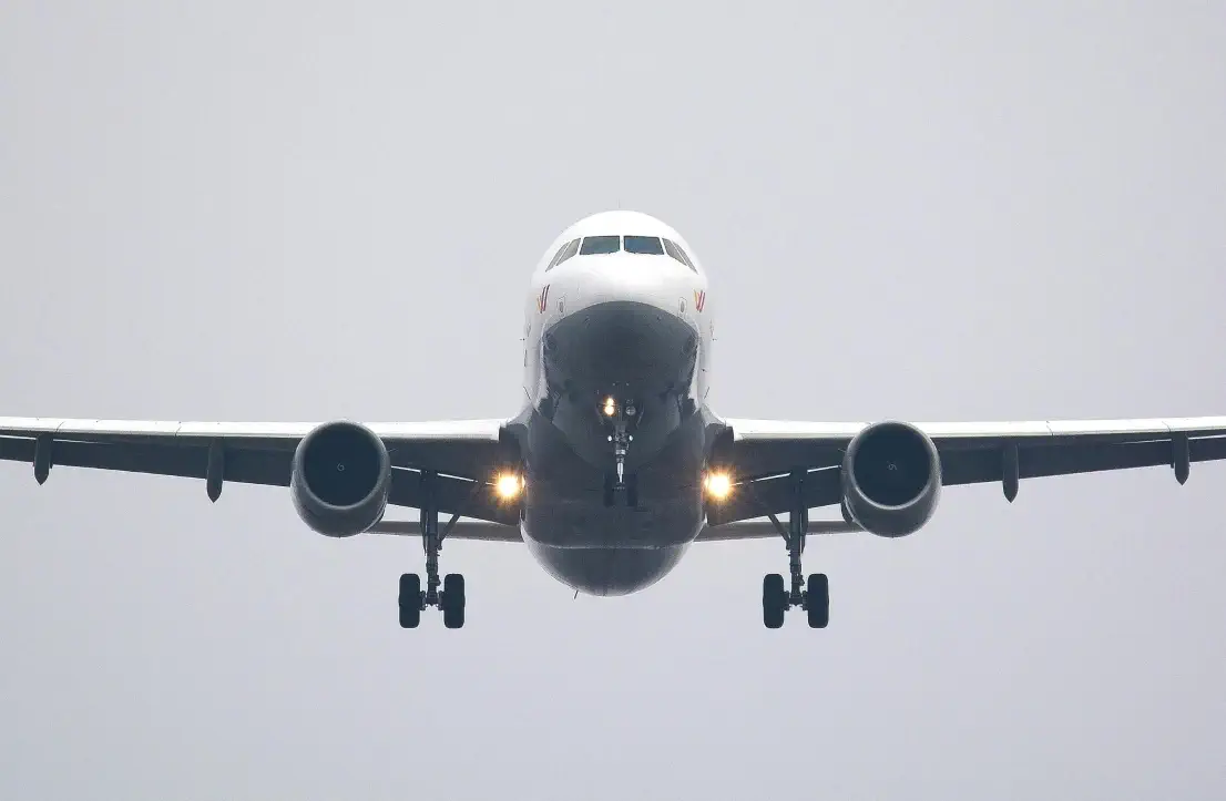 Front view of a commercial airplane in sky
