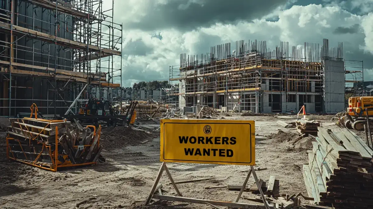 Construction site with a "Workers Wanted" sign