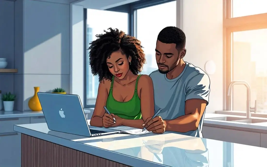 I-751 Removal of Conditions 2 Illustration of a couple reviewing paperwork together at a kitchen counter
