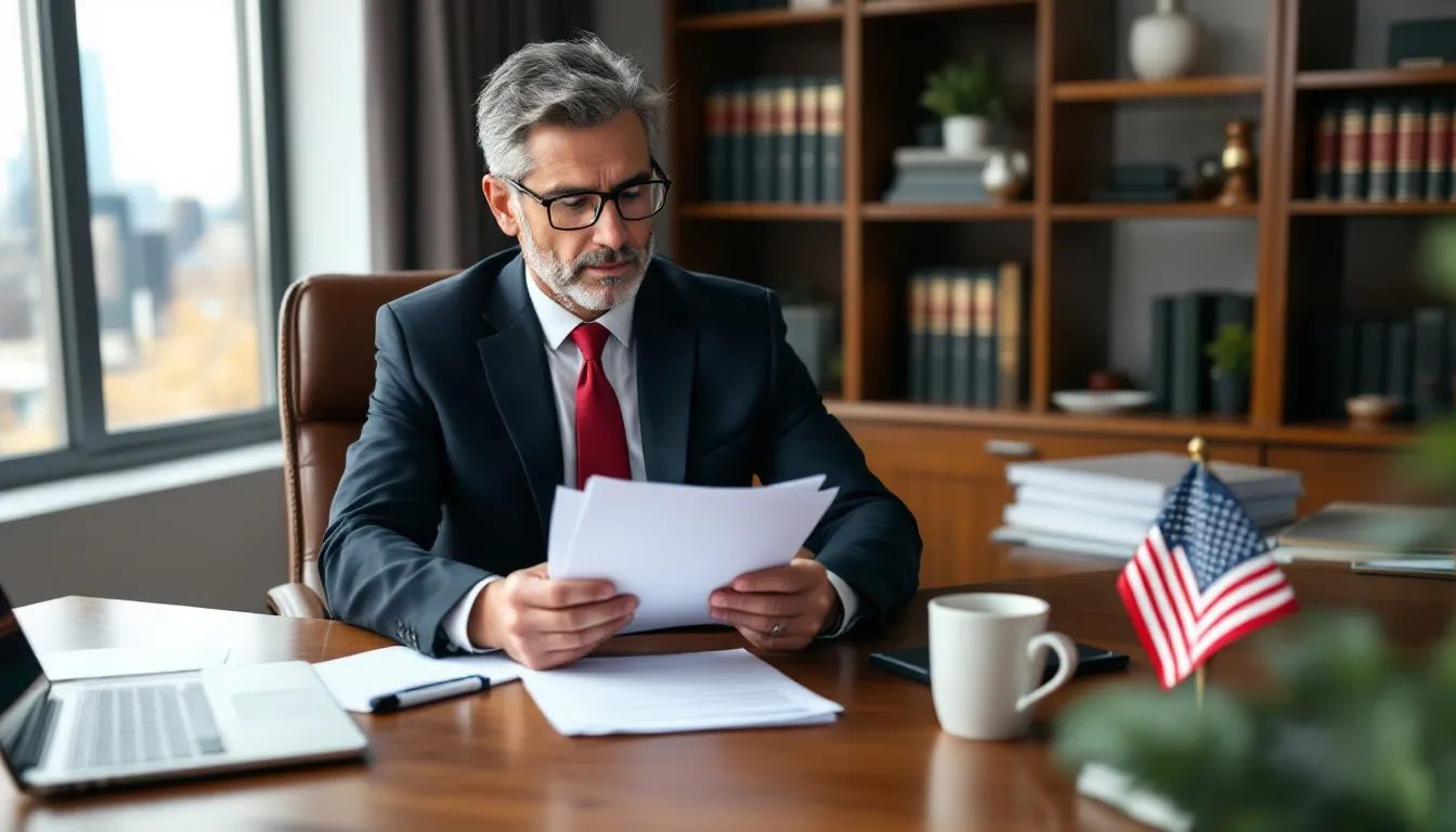 A professional immigration lawyer is seated at a desk, meticulously reviewing citizenship documents, with an American flag prominently displayed in the background. This scene reflects the dedication to guiding citizenship applicants through the complex legal requirements of the naturalization process in the United States.