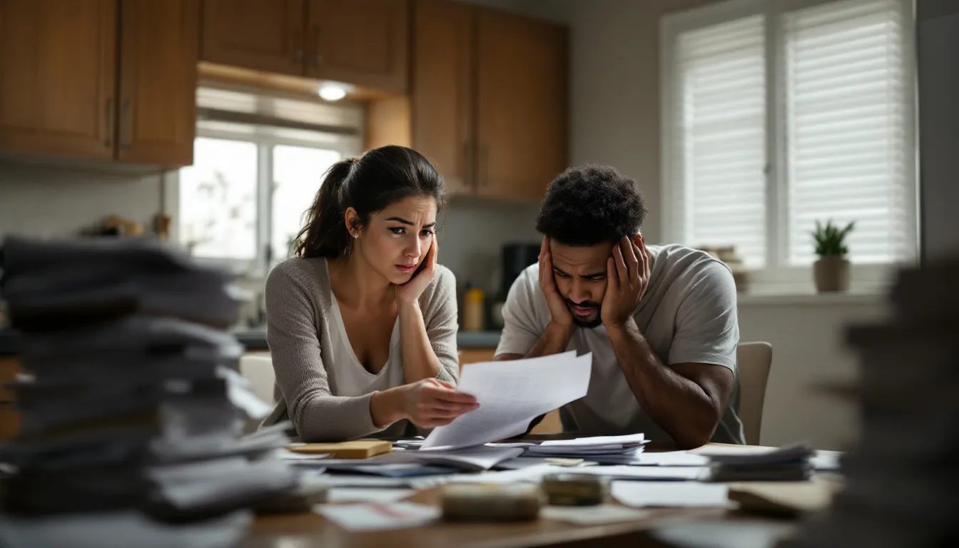 A couple discussing financial struggles while looking at bills.