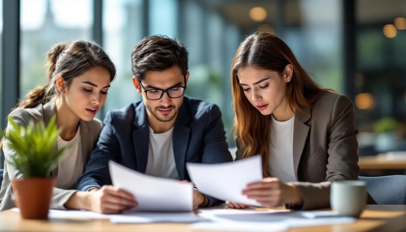A group of F-1 international students is gathered at a modern university campus, intently reviewing their immigration documents, including OPT applications and eligibility criteria for employment authorization. They appear focused on understanding the common reasons for OPT denial and ensuring all required documents are in order for their application process.