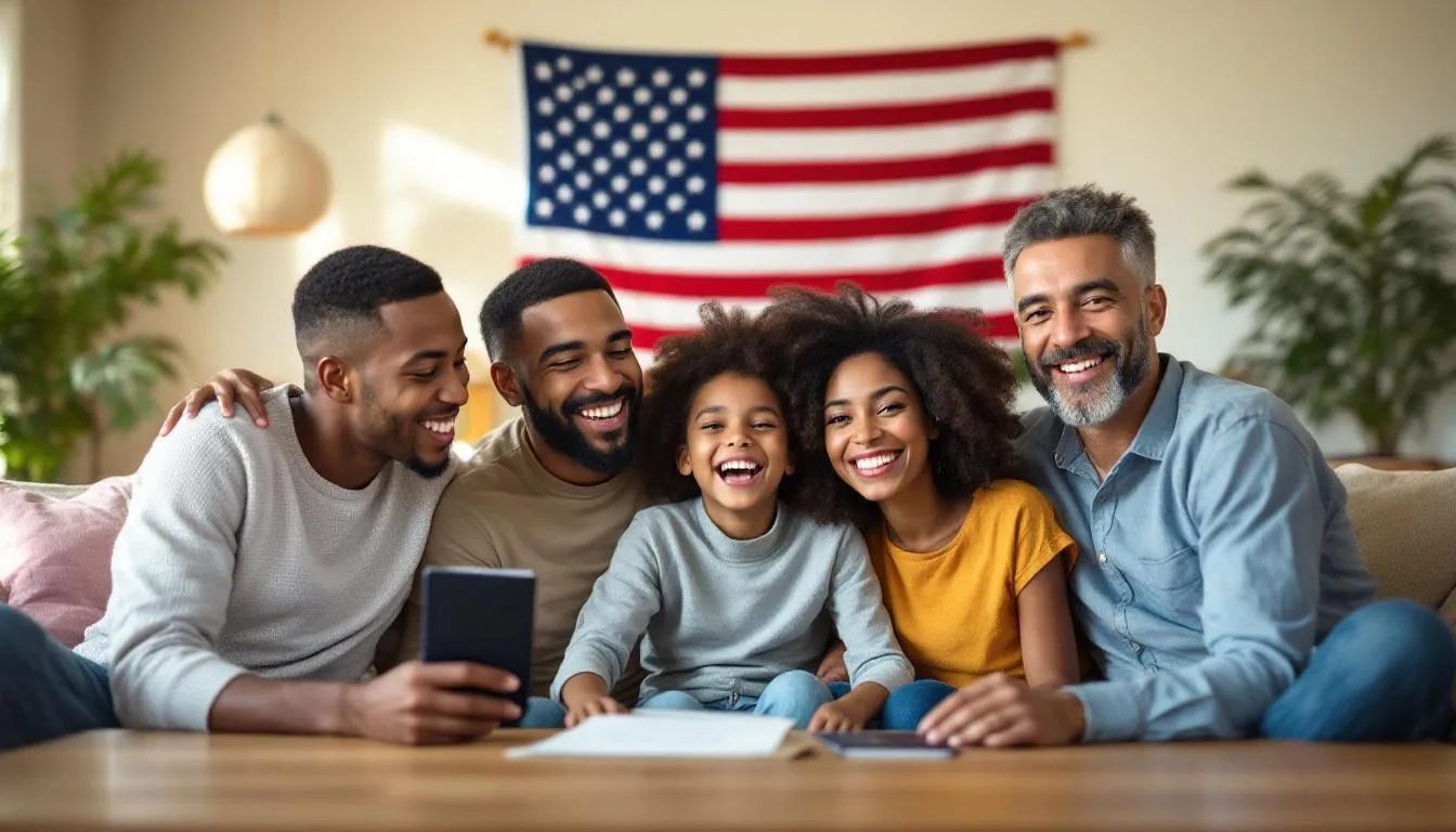A diverse family joyfully celebrates together, holding official documents while an American flag waves in the background, symbolizing their journey through the immigration process and the importance of legal status in the United States. This image reflects the hope and unity of families navigating immigration law, particularly those adjusting status through marriage to a U.S. citizen.