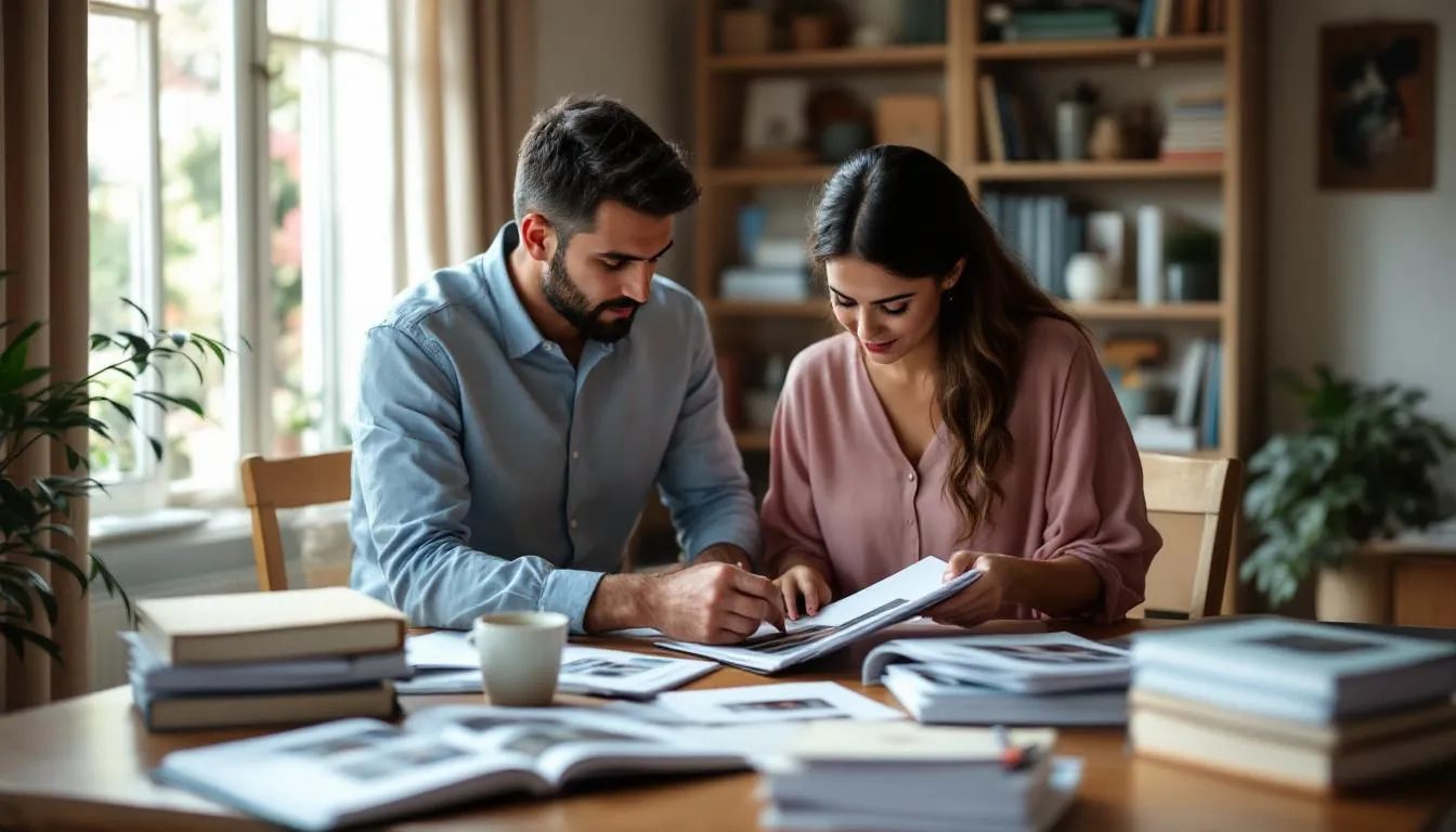 The image shows a couple sitting at a table, carefully organizing various documents and photographs, likely in preparation for their green card marriage interview. They appear focused and collaborative, sorting through items that may include photo identification and bank account statements, essential for demonstrating the bona fide nature of their relationship to immigration officials.