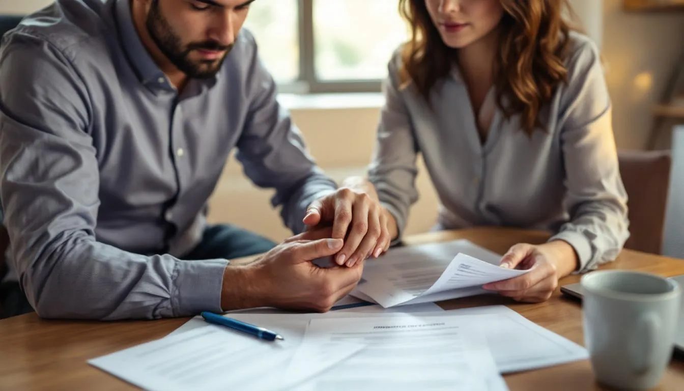 A couple is holding hands while seated at a desk, examining official immigration documents related to their legal status in the U.S. This image reflects the emotional journey of navigating the immigration process, possibly involving marriage to a U.S. citizen and the adjustment of status for obtaining a green card.