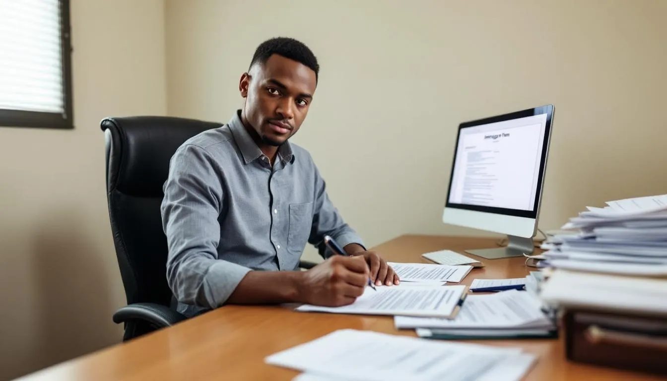 The image shows a person sitting at a desk, focused on signing legal documents related to immigration, including an affidavit of support. Various immigration paperwork is spread out, indicating the individual's role as a financial sponsor for an intending immigrant, ensuring they meet the minimum income requirement outlined by federal poverty guidelines.