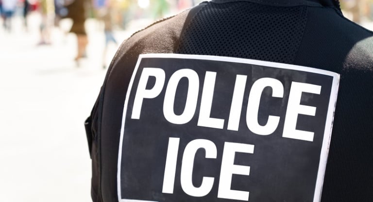 Still in Custody. Gone From the Database: ICE Detainee Locator Changes 2 Close-up of POLICE ICE lettering on the back of a protective vest.
