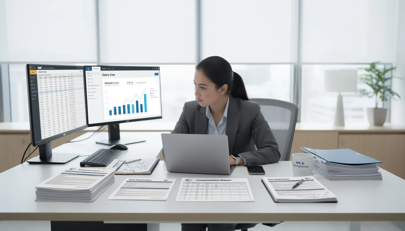 A professional is seated at a modern office desk, analyzing salary data and immigration documents related to H-1B petitions. The workspace features charts and statistics on wage levels, prevailing wages, and job classifications, highlighting the complexities of the H-1B lottery system and the impact of higher wages on selection odds for foreign nationals.