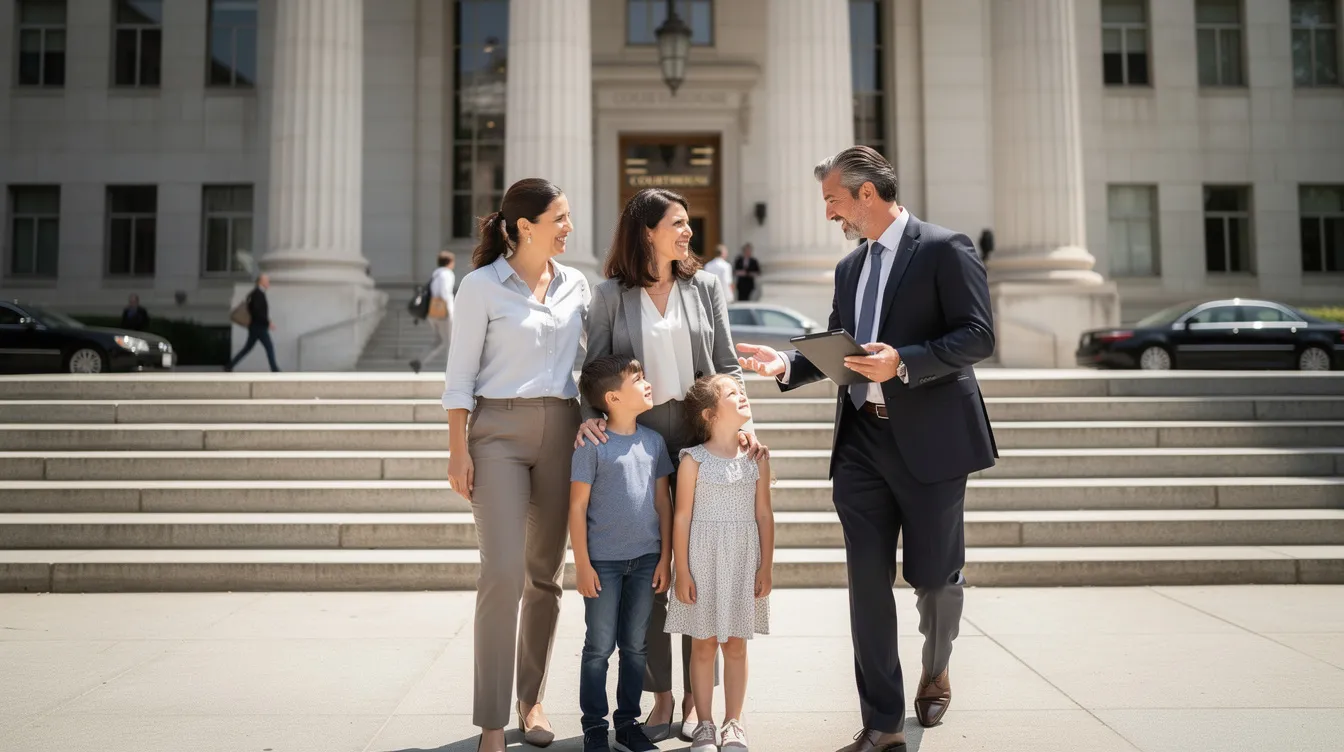 A family walks outside a courthouse, accompanied by their experienced asylum attorney, after successfully navigating the asylum process. They appear relieved and hopeful, having sought protection from persecution based on their political opinion and aiming to obtain asylum in the United States.