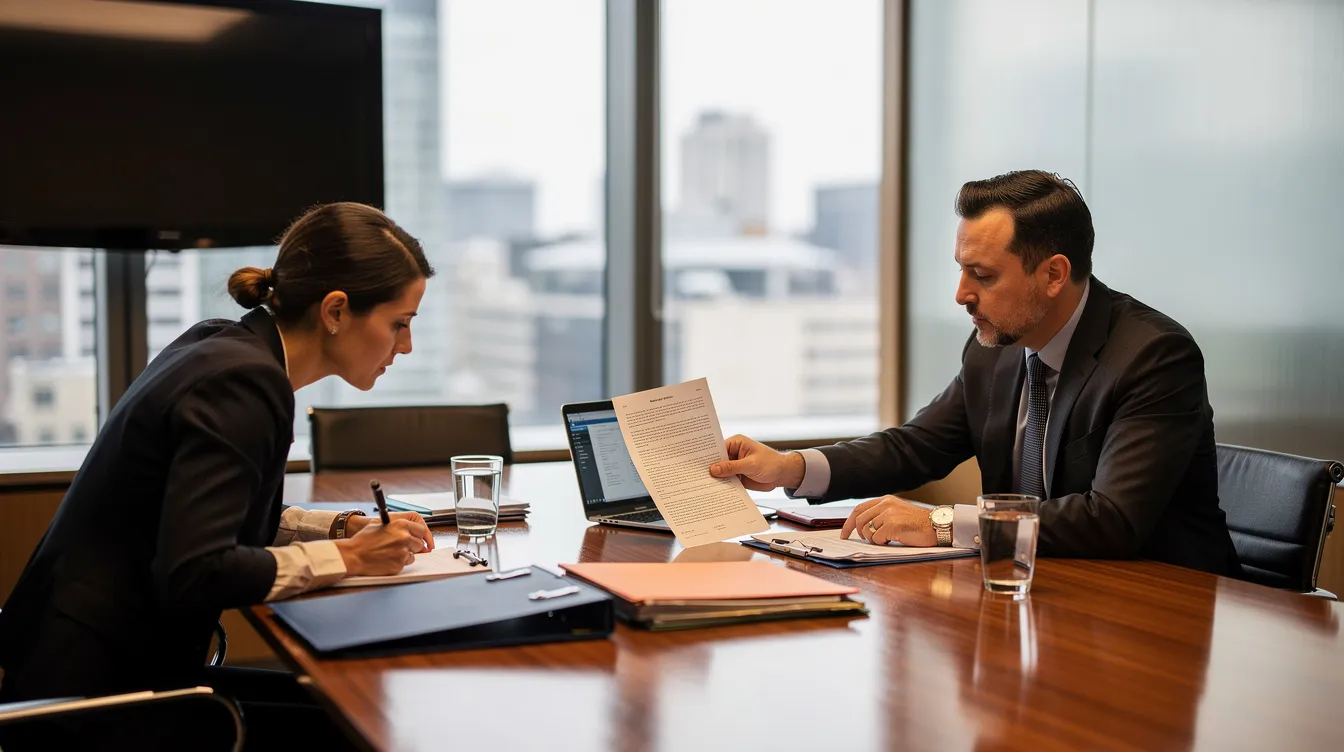 Most Trusted Law Firms in America: 2026 Rankings 3 A client is seated at a conference table, reviewing legal documents with an attorney in a professional setting. This interaction highlights the importance of client relationships in the legal industry, showcasing the firm's commitment to providing expert guidance in corporate law and immigration services.