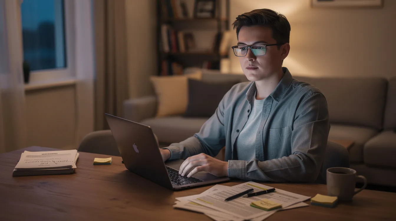 Best Immigration Law Firm: How Herman Legal Group Guides You From Student Visa To Green Card 3 A person is sitting at a desk at home, reviewing legal documents on a laptop, likely related to immigration law and nonimmigrant visa categories. The scene suggests a focus on important paperwork, possibly concerning student status or visa applications for foreign nationals.