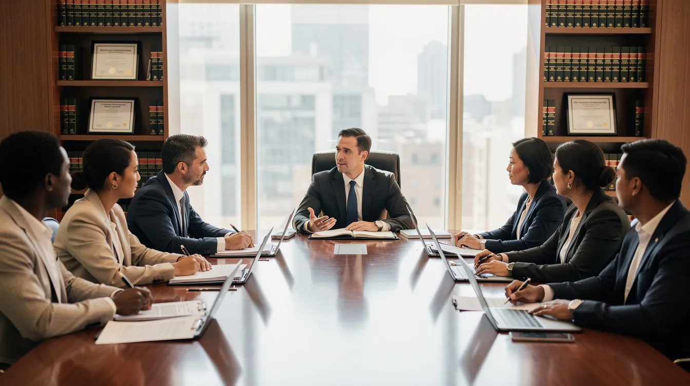The image depicts a diverse group of individuals engaged in a meeting with a legal professional around a table, discussing the asylum process and seeking legal representation for their asylum claims. The atmosphere is collaborative, highlighting the importance of immigration law and the support provided by experienced asylum attorneys.
