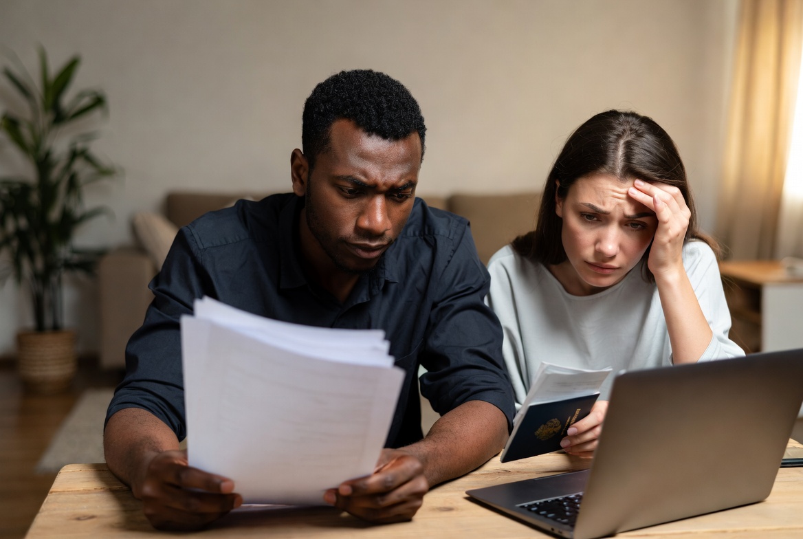 Couple reviewing important documents together.