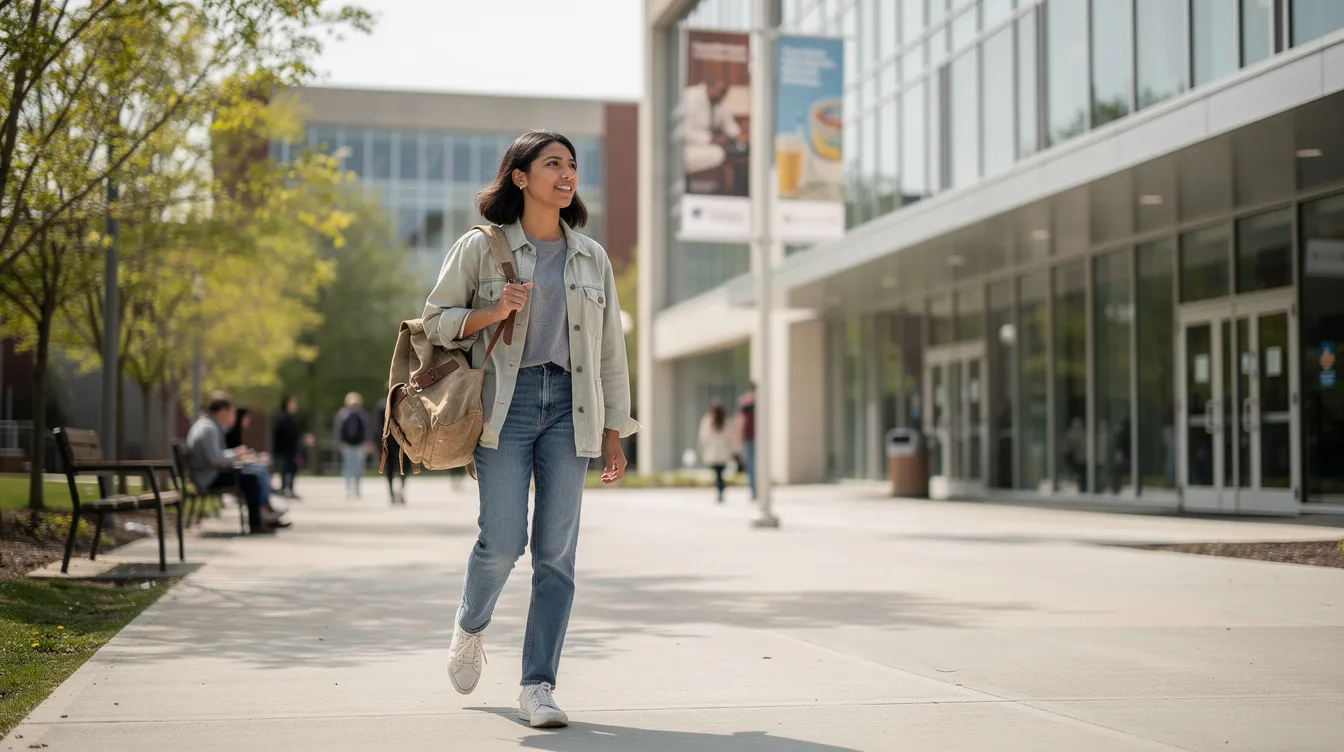 Best Immigration Law Firm: How Herman Legal Group Guides You From Student Visa To Green Card 2 An international student carrying a backpack is walking near a university building, symbolizing the journey of foreign nationals pursuing their education under a student visa. This scene reflects the importance of academic institutions in providing language training programs and the support of immigration lawyers in navigating the immigration process for students.