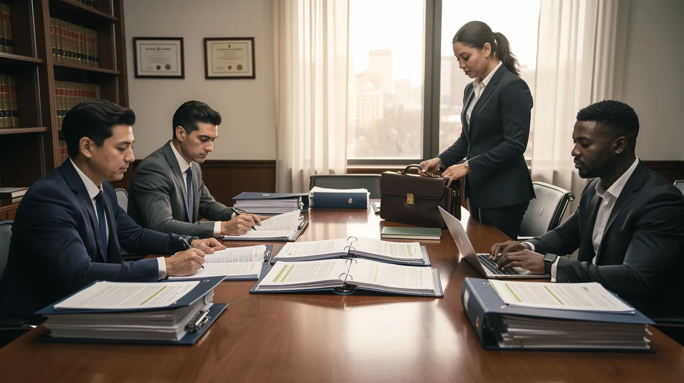 Most Trusted Law Firms in America: 2026 Rankings 2 A group of legal professionals from a top law firm collaborates to prepare important documents before a court hearing, showcasing their commitment to excellence in the legal industry. The lawyers are focused and engaged, highlighting their extensive experience in litigation matters and client relationships.