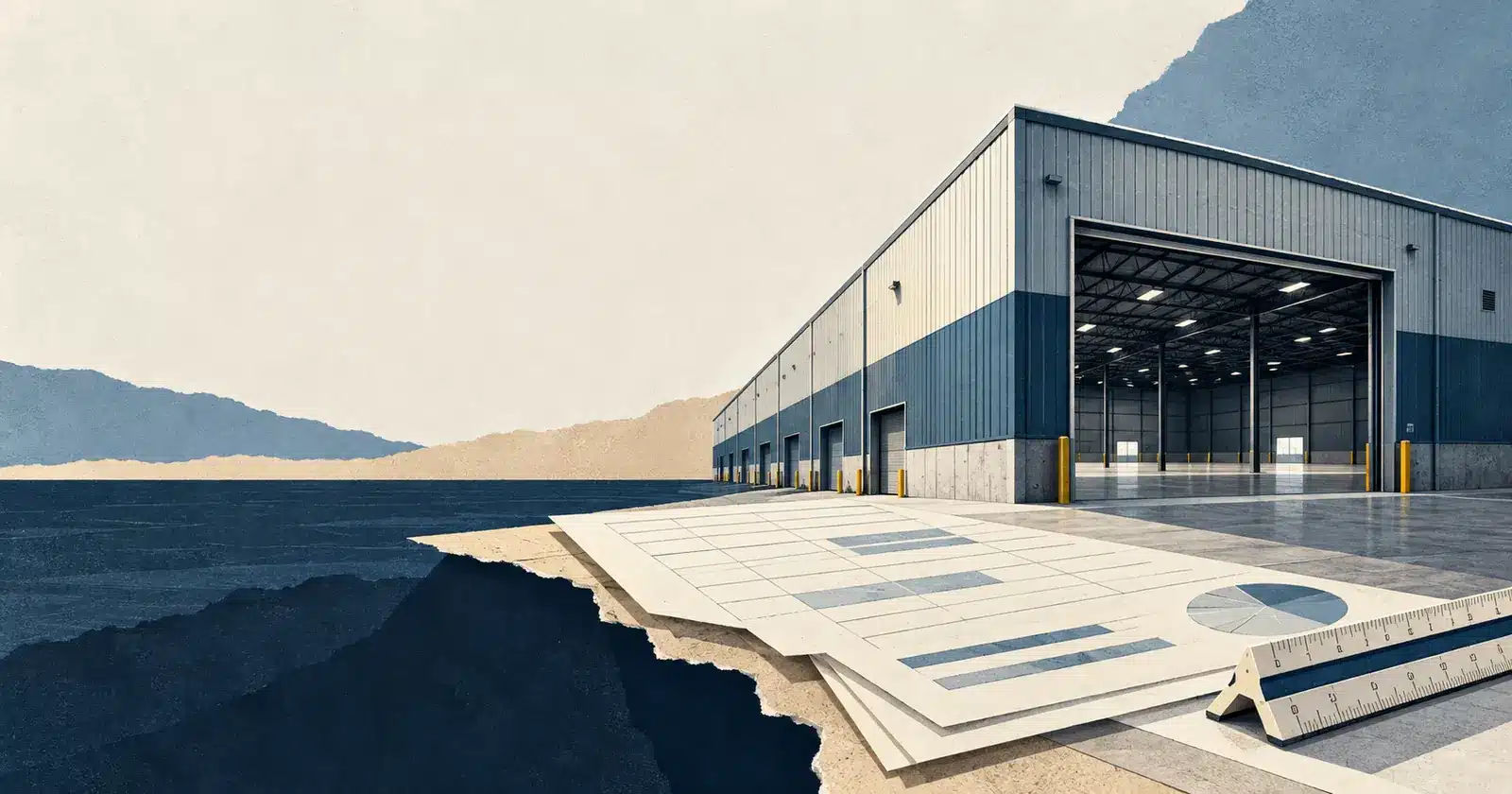 Editorial illustration of an empty warehouse beside budget papers and a planning ruler