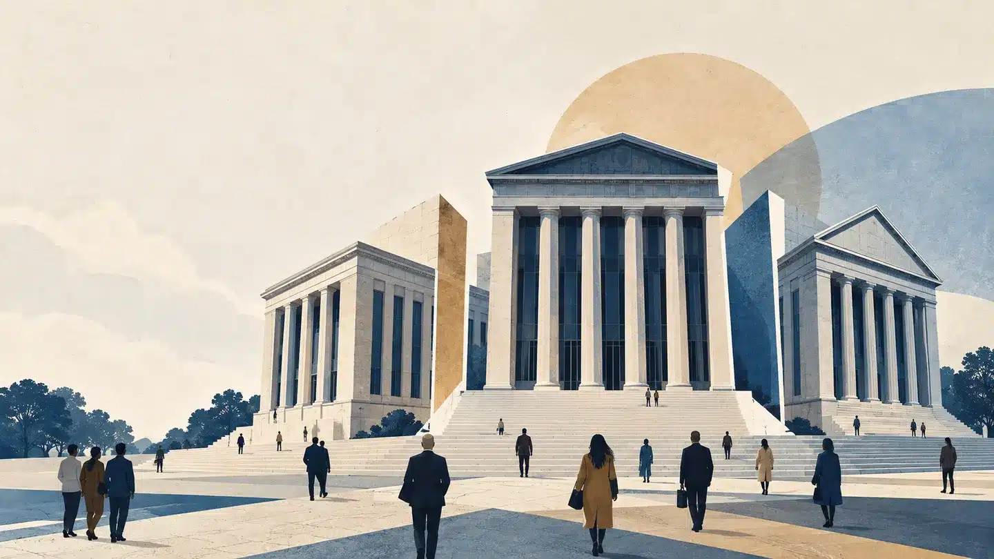 Conceptual illustration of separate civic institutions and people in a public square