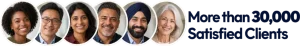 More than 30,000 satisfied clients — illustrative portraits representing diverse ages and backgrounds.