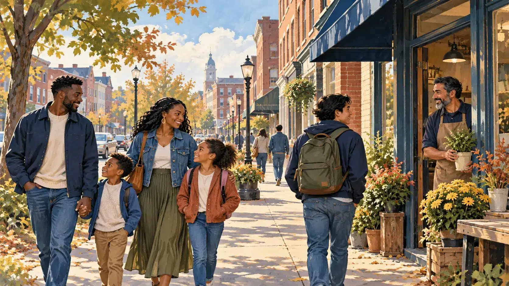 Editorial illustration of a family, a student and a shopkeeper on an autumn main street in Ohio.