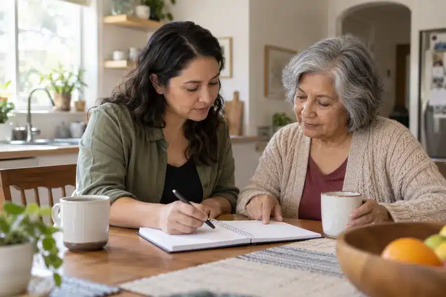 Adult daughter and older parent organizing a care schedule