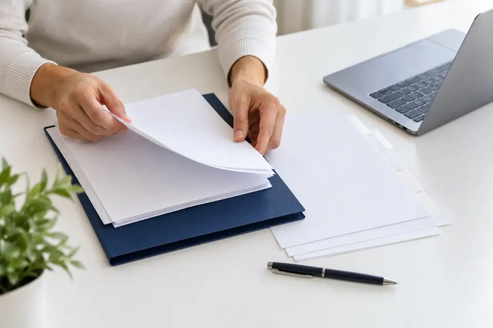 Illustrative scene of a person organizing documents beside a laptop for a consultation