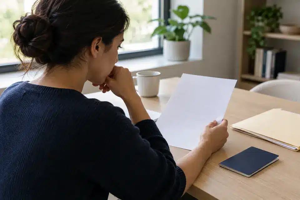 Illustrative scene of an applicant reviewing a letter beside travel documents