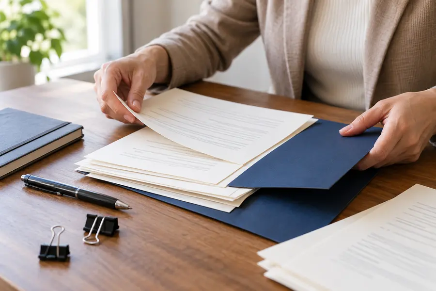 Hands organizing papers in a navy document folder